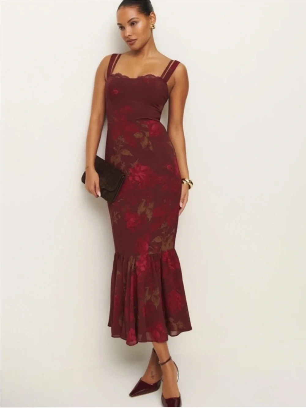 NWOT Reformation Iris Burgundy Wine Floral Whimsy Sz 12 Midi Dress - Picture 8 of 11